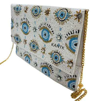 White Beaded Clutch with Blue Evil Eyes and Gold Chain