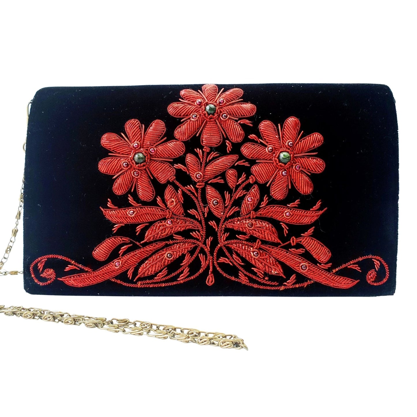 Embroidered 3 Daisy Flower Clutch with Removable Chain Strap