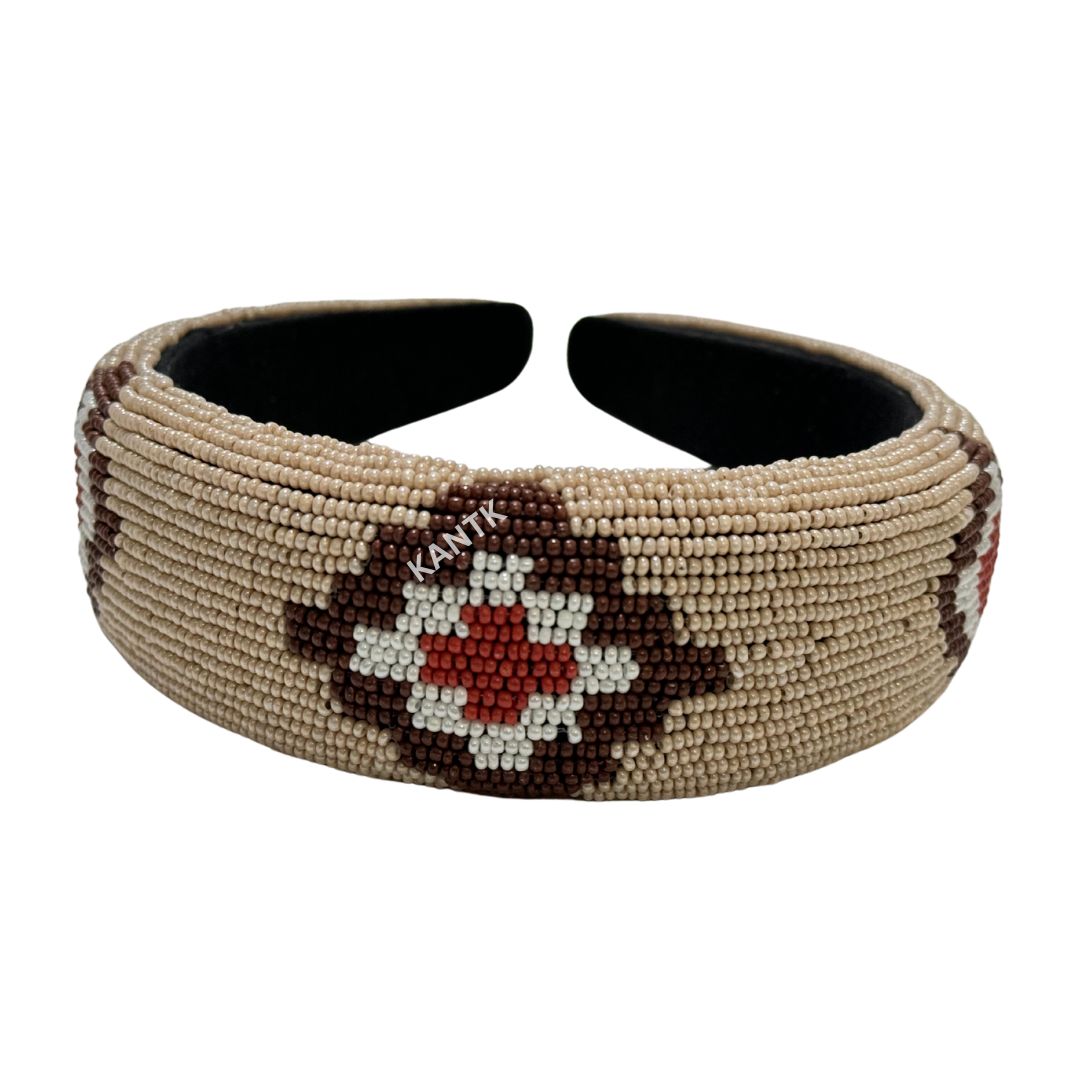 Handmade Cream & Brown Beaded Headband Geometric Boho Chic Hair Accessory