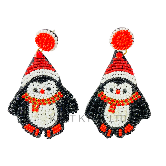 Christmas Penguin Beaded Earrings Cute Holiday Dangle Jewelry