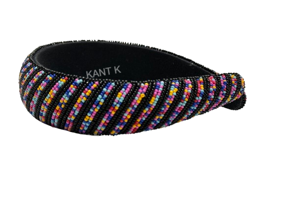 Black Boho Multicolor Beaded Headband Handmade Ethnic Hair Accessory for Women