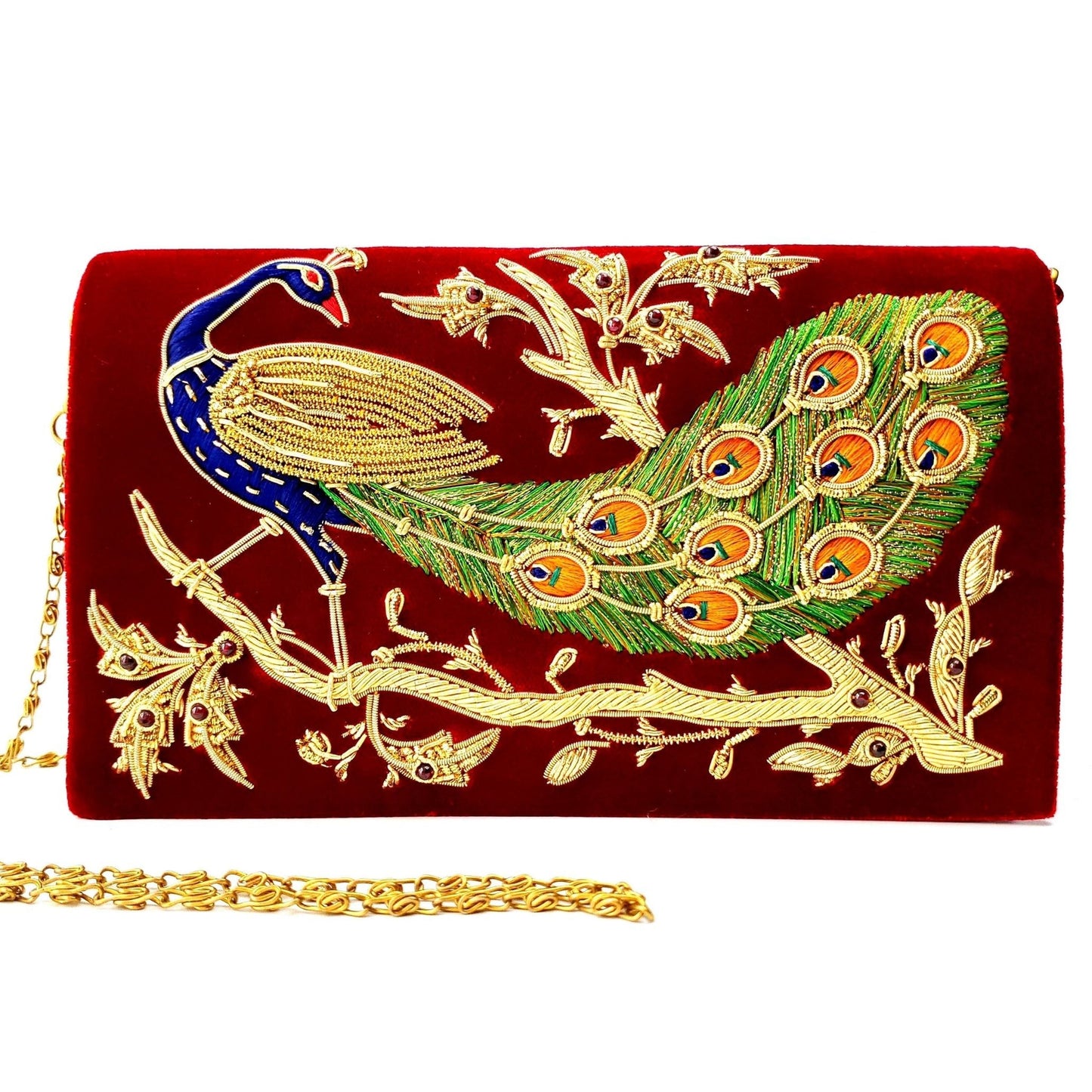 Embroidered Peacock Velvet Evening Bag with Removable Chain Strap