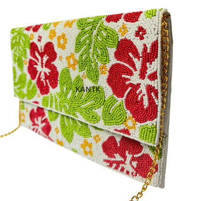 Hand Beaded Hibiscus Clutch with Chain Strap