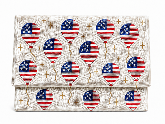 USA Balloons 4th of July Beaded Clutch Patriotic Red, White & Blue Handcrafted Evening Bag