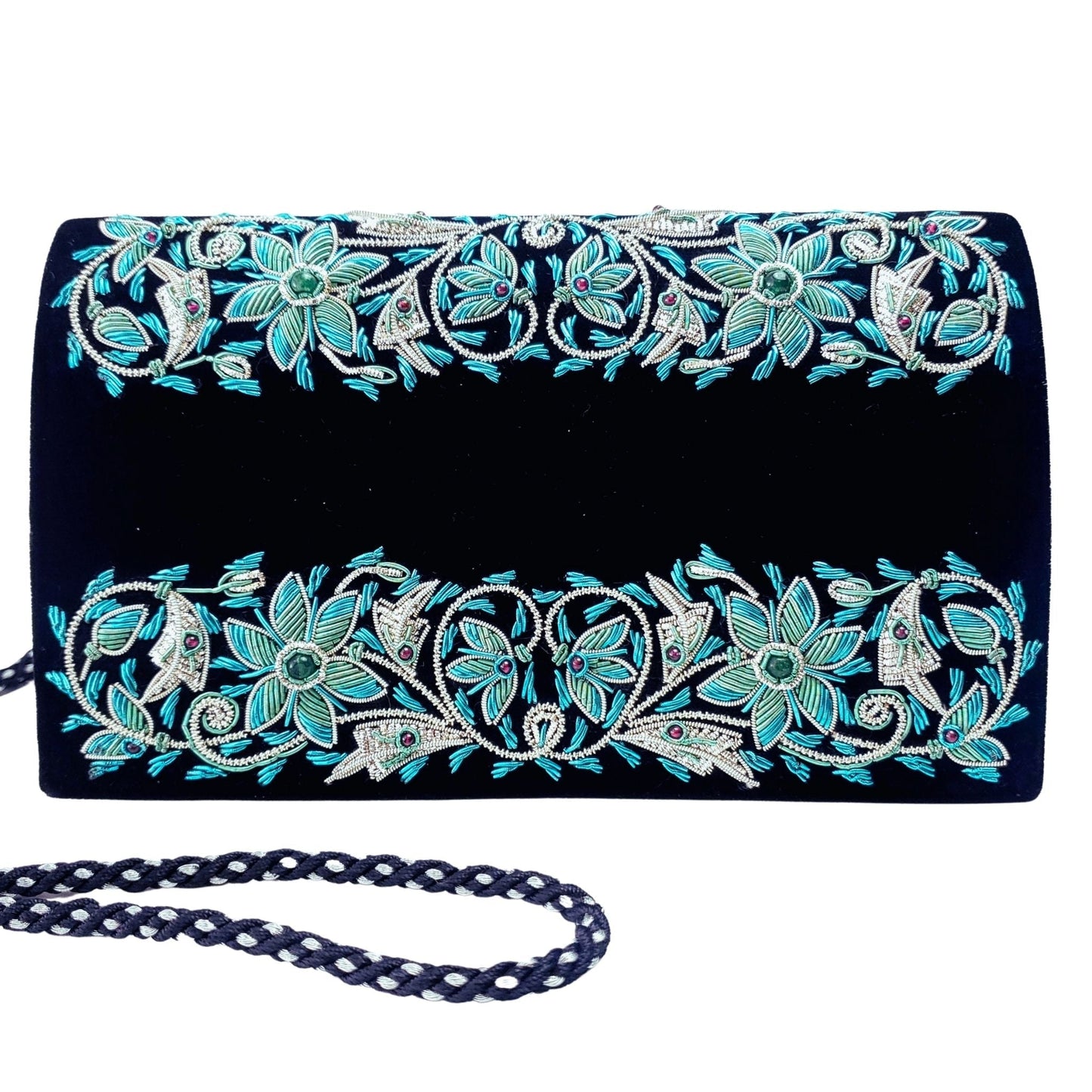 Embroidered Floral Black Velvet Clutch with Removable Chain Strap