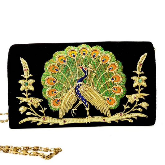 Embroidered Peacock Velvet Evening Bag with Removable Chain Strap