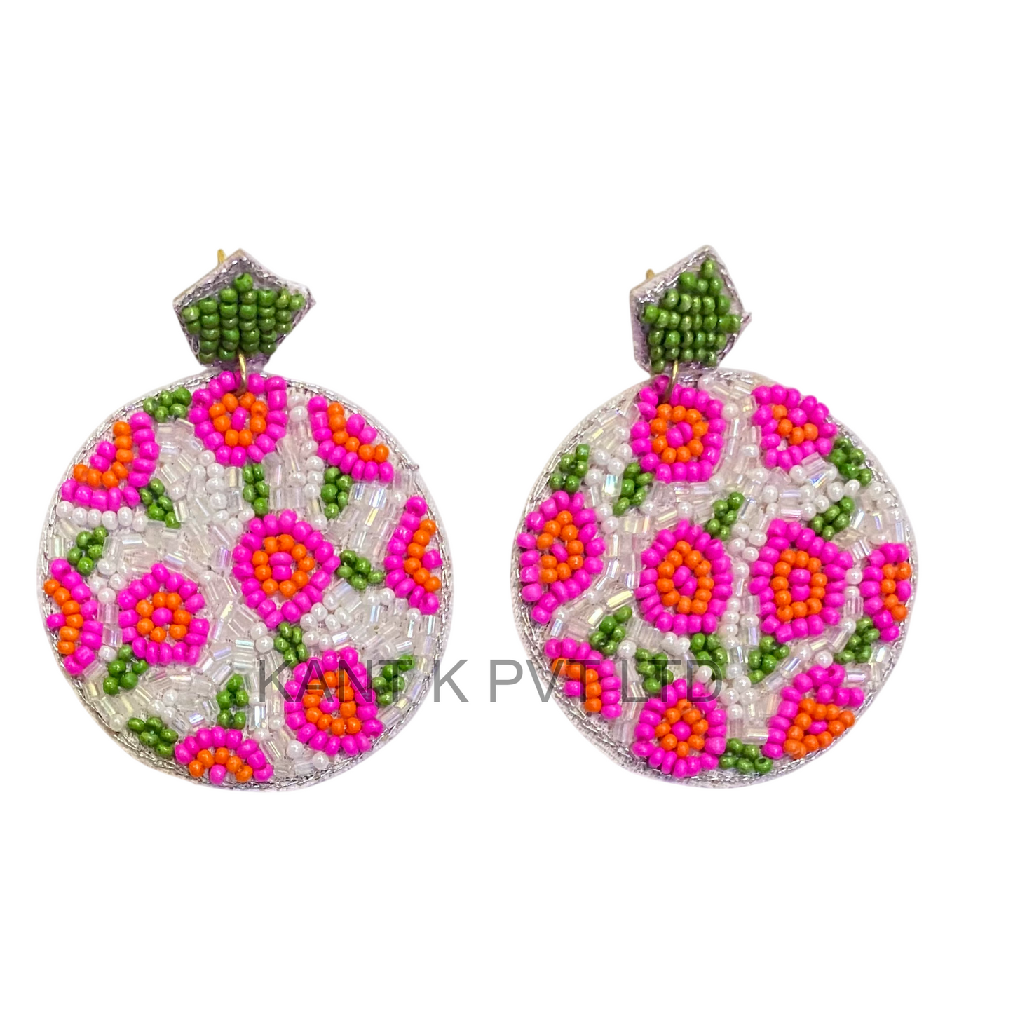 Handmade Floral Pink & White Round Beaded Earrings