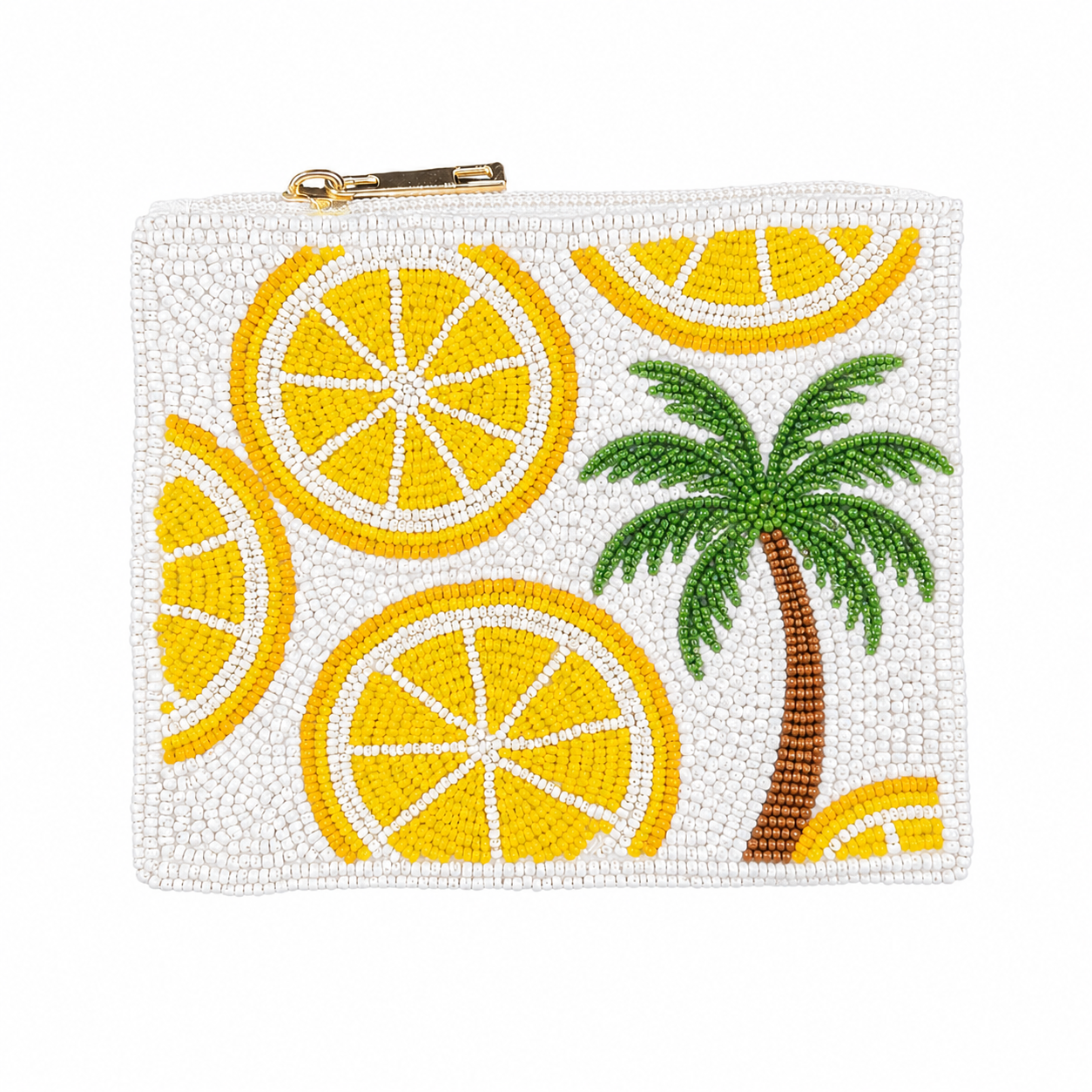 Tropical Summer Lemons & Palm Tree Beaded Coin Purse