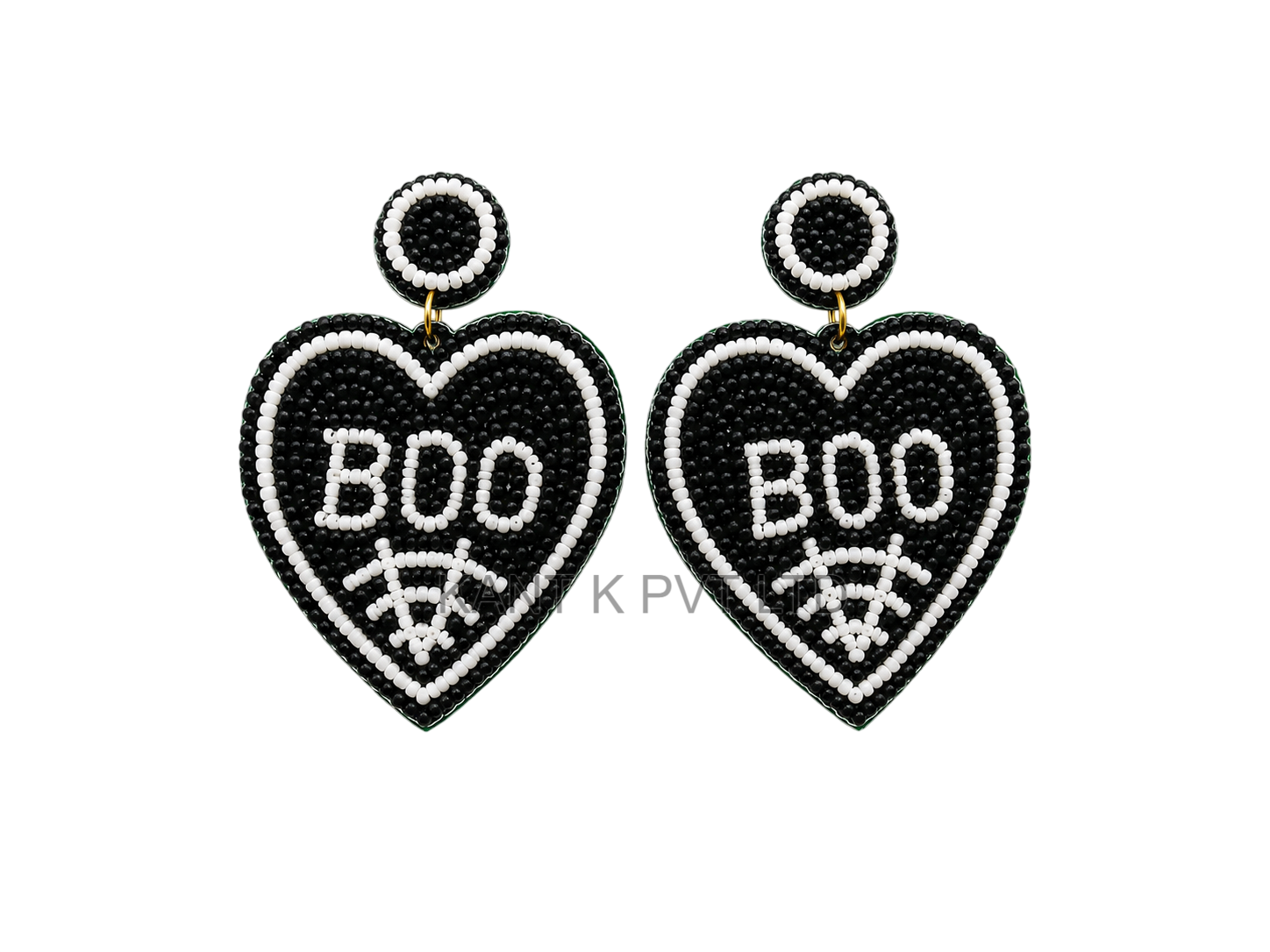 Handcrafted Black and White Beaded Heart BOO Drop Earrings