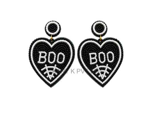 Handcrafted Black and White Beaded Heart BOO Drop Earrings