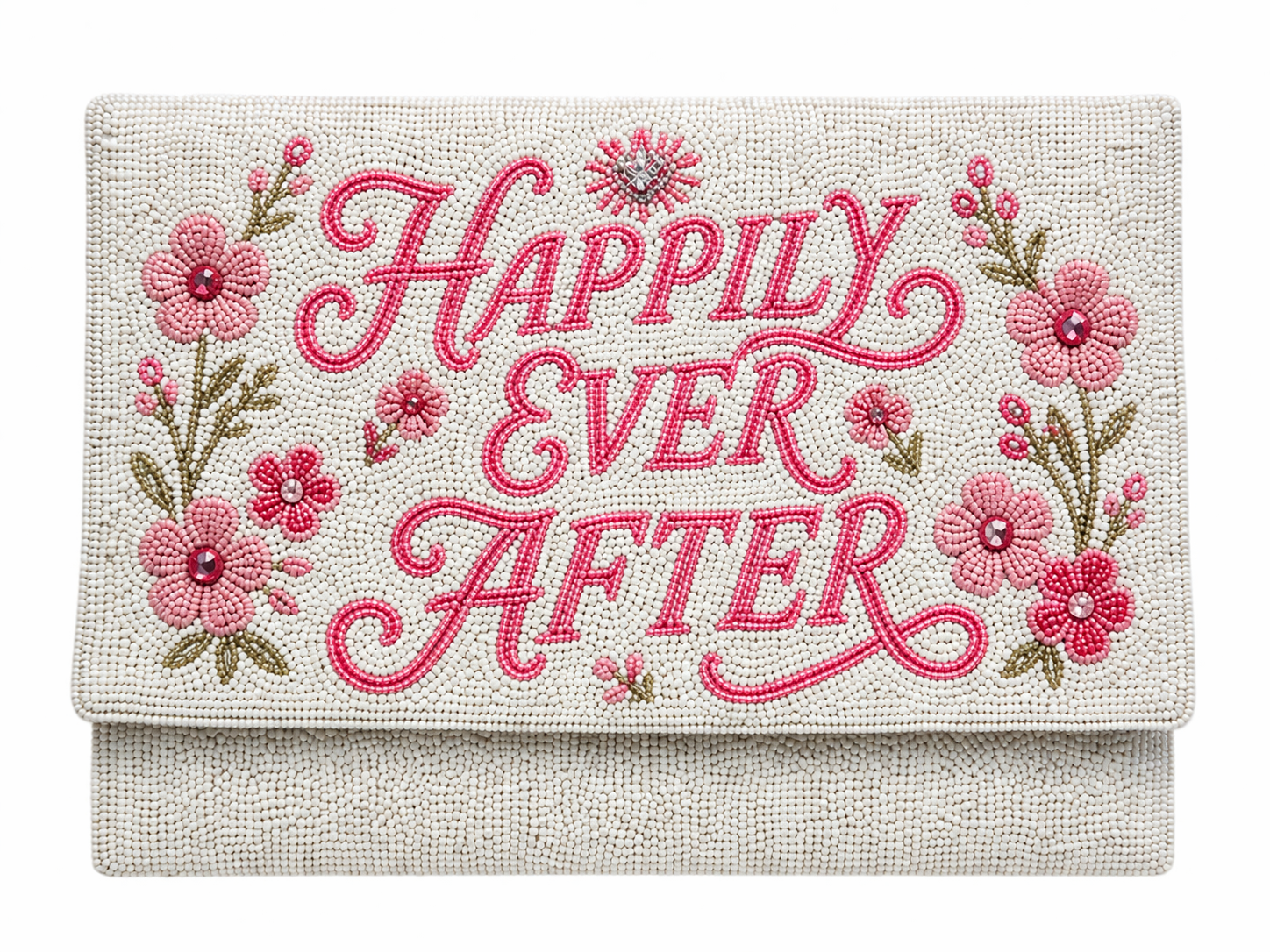 Handmade Happy Ever After Beaded Clutch White & Pink Bridal Handbag for Wedding