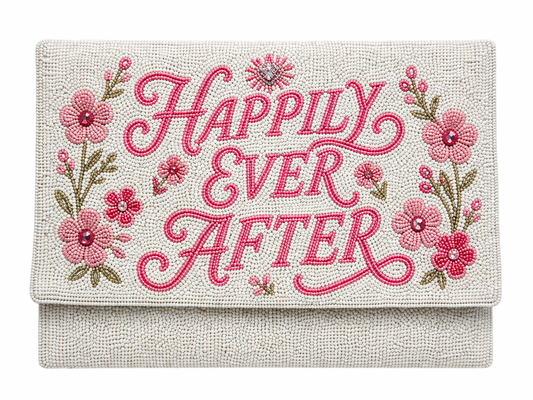 Handmade Happy Ever After Beaded Clutch White & Pink Bridal Handbag for Wedding