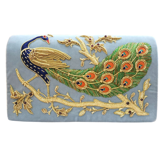 Embroidered Peacock Velvet Evening Bag with Removable Chain Strap