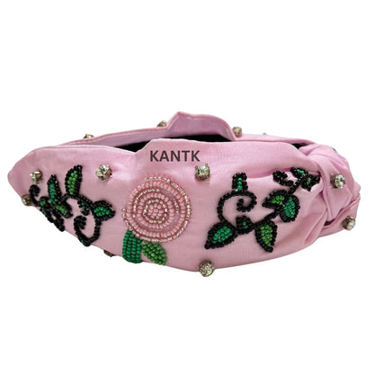 Pink Beaded Floral Headband for Women