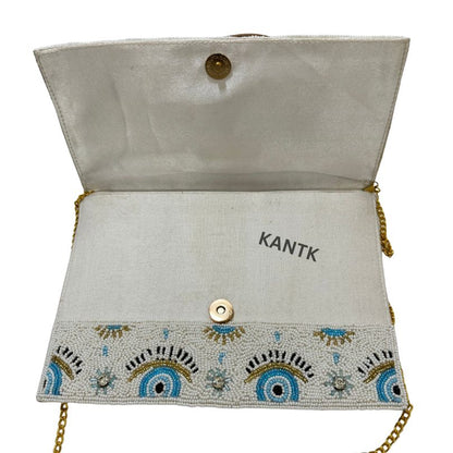 White Beaded Clutch with Blue Evil Eyes and Gold Chain