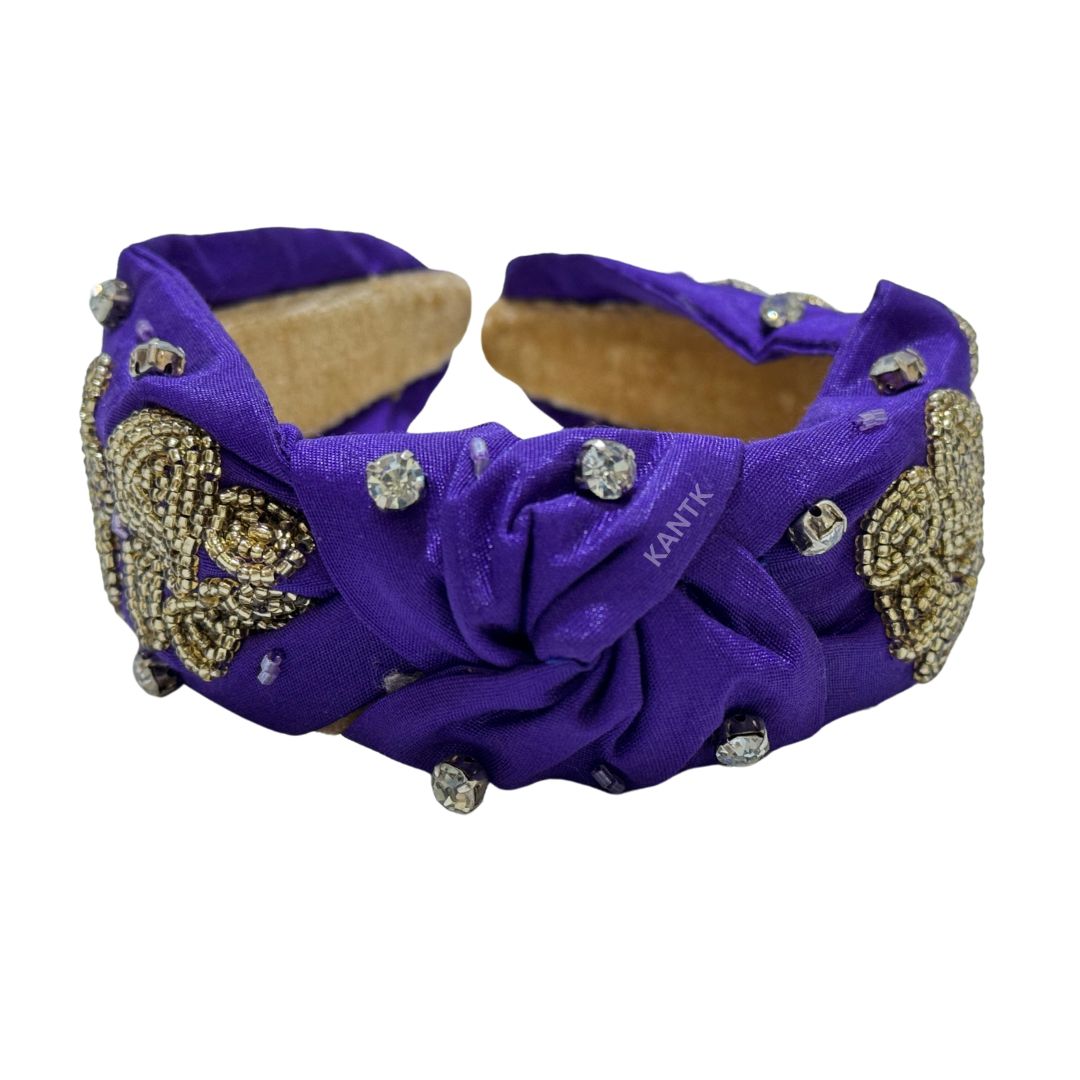 Purple Fabric Headband with Gold Beaded Paw Print Design