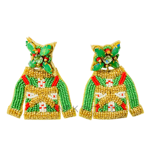 Beaded Green and Gold Ugly Sweater Earrings Festive Holiday Statement Jewelry
