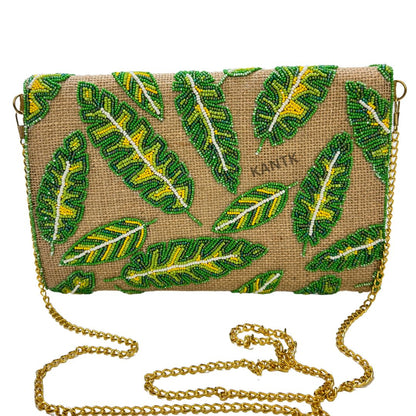 Handmade Green & Yellow Jute Beaded Leaf Clutch