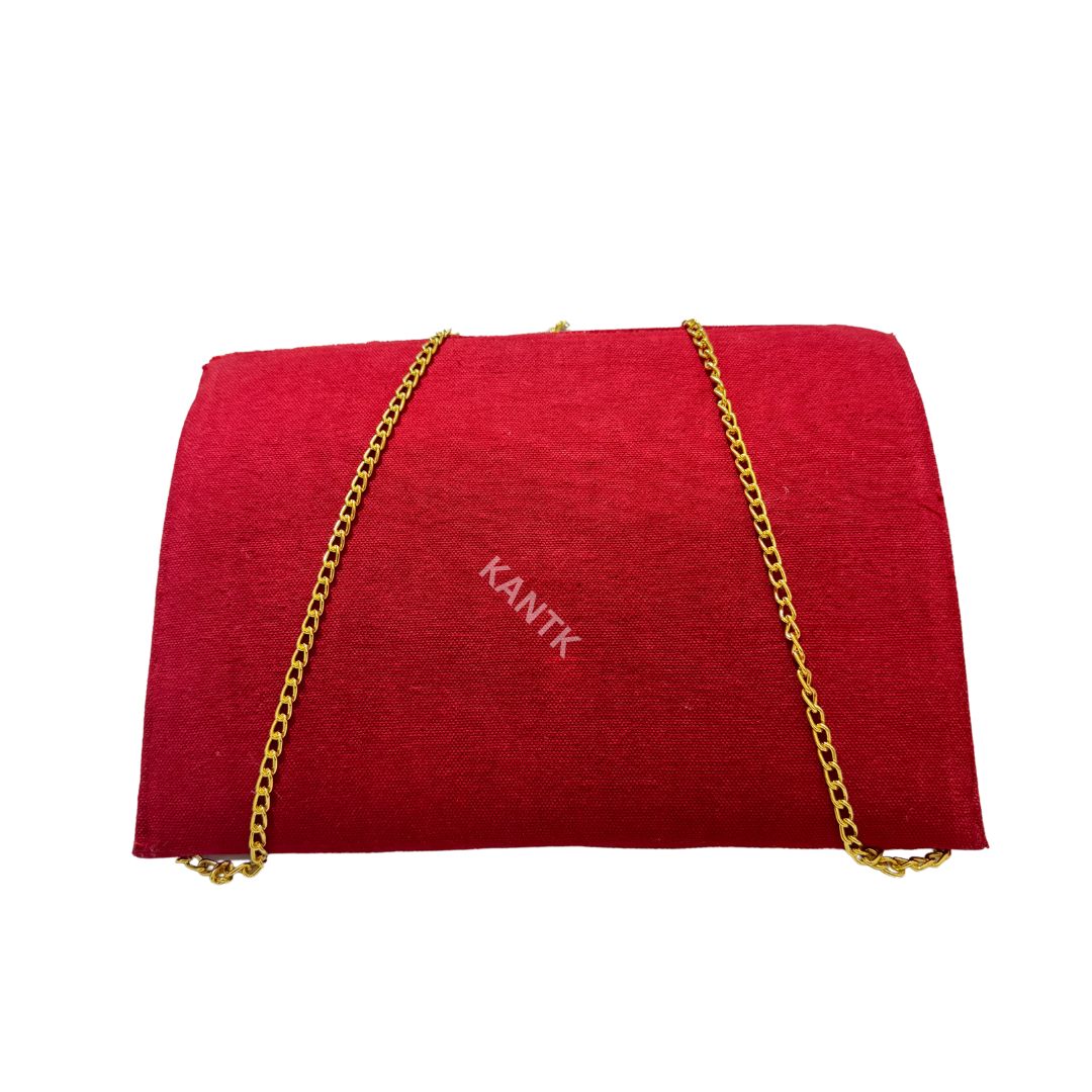 Red, Green, and Gold Beaded Plaid Flap Bag with Chain Strap