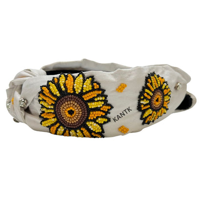 Handmade White & Yellow Sunflower Beaded Headband