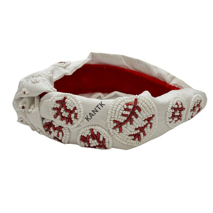 White Fabric Headband with Beaded Baseball Design