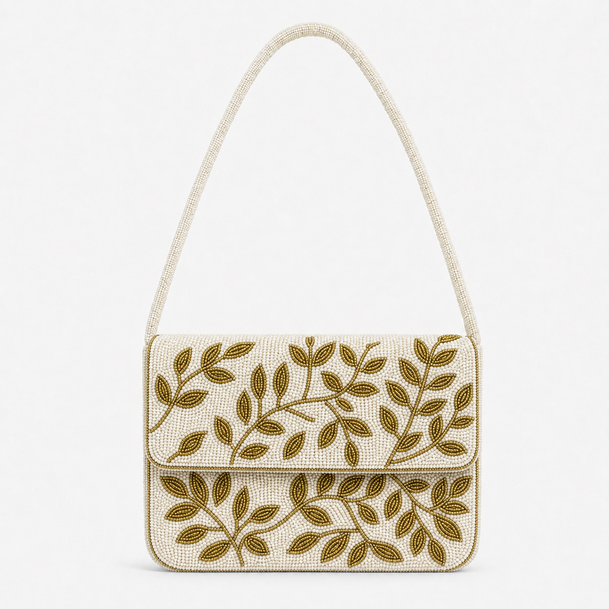 Ivory Beaded Shoulder Bag with Gold Vine and Leaf Embroidery
