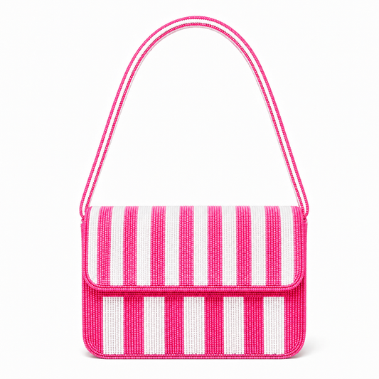 Handcrafted Pink & White Striped Beaded Shoulder Bag