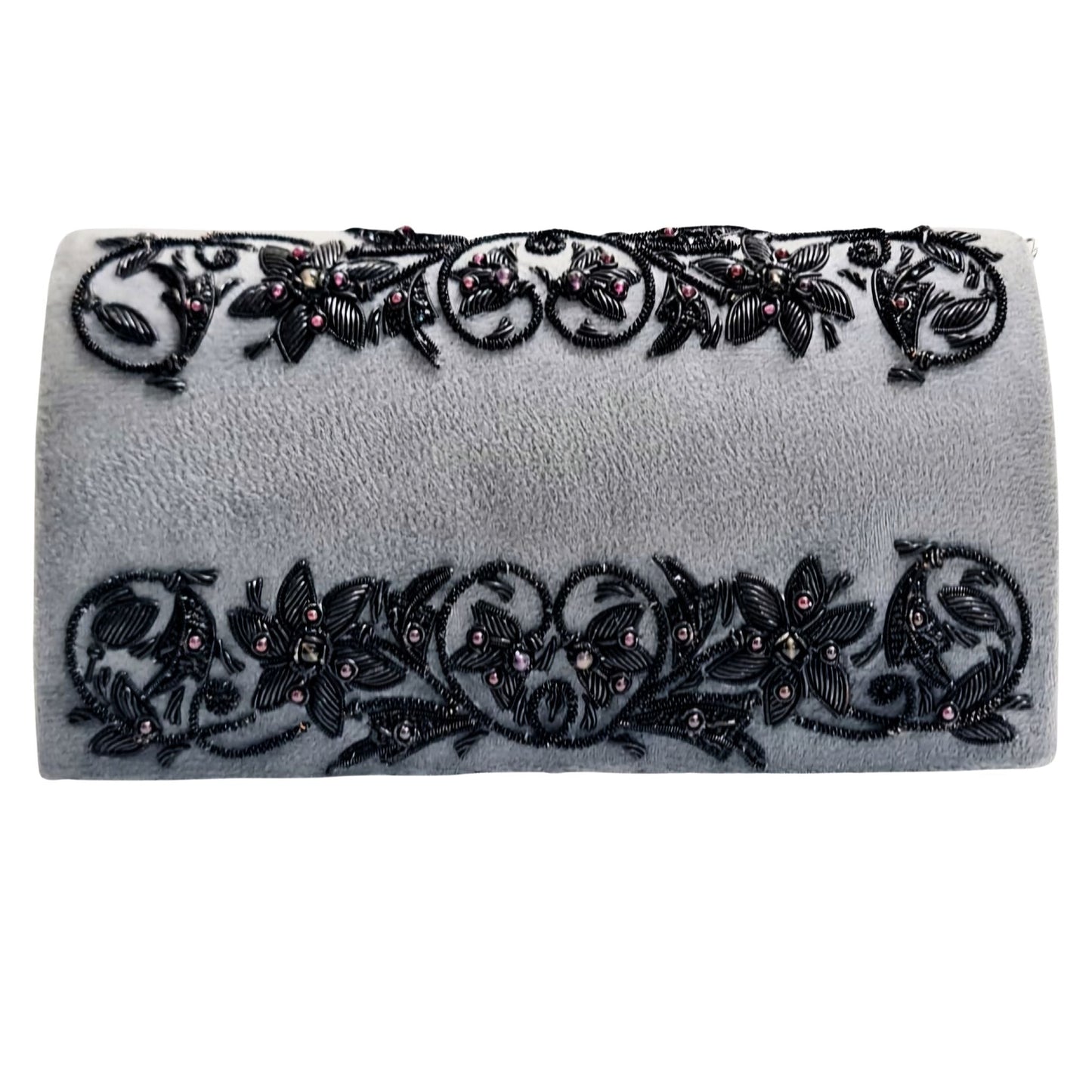 Embroidered Floral Black Velvet Clutch with Removable Chain Strap