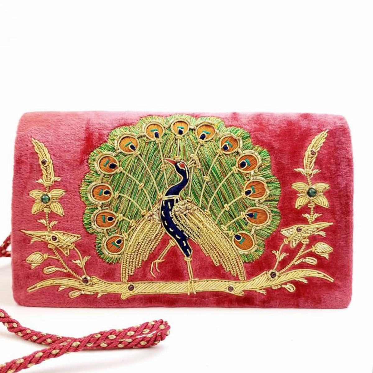 Embroidered Peacock Velvet Evening Bag with Removable Chain Strap