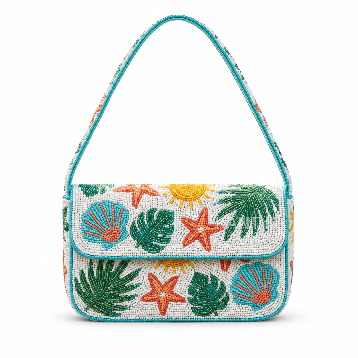 Hand-Beaded Tropical-Themed Shoulder Bag