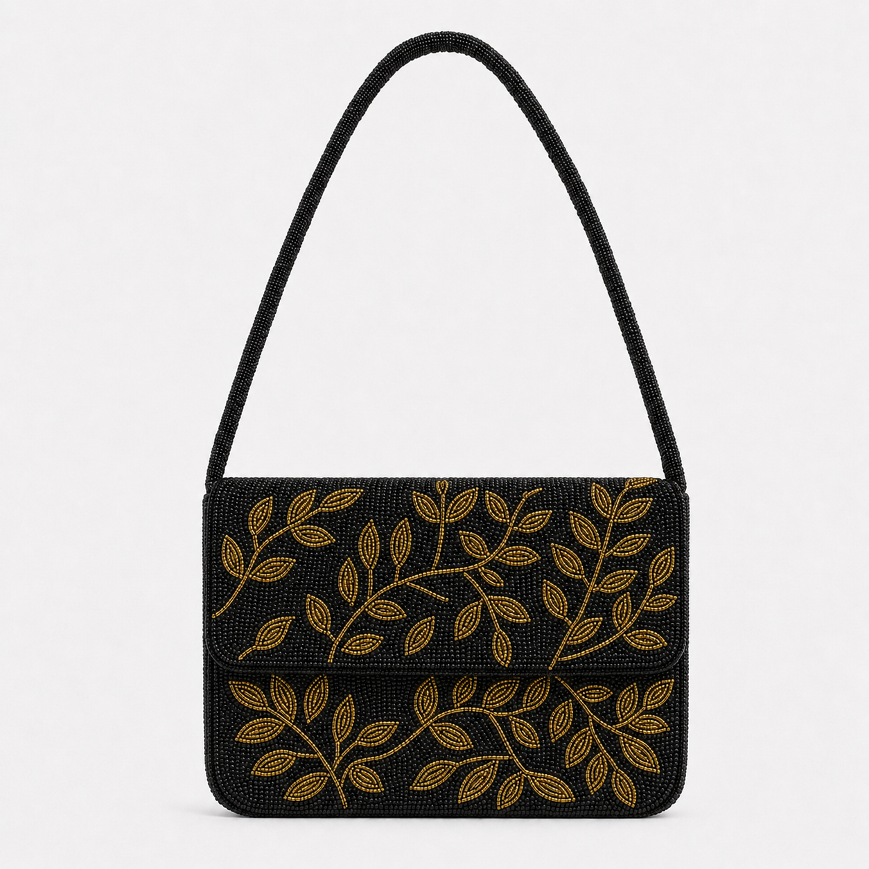 Black Beaded Shoulder Bag with Gold Vine and Leaf Embroidery Luxurious Handcrafted Evening Bag