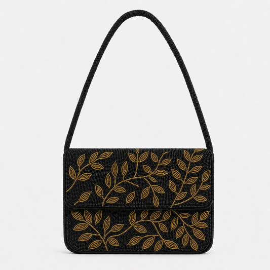Black Beaded Shoulder Bag with Gold Vine and Leaf Embroidery Luxurious Handcrafted Evening Bag