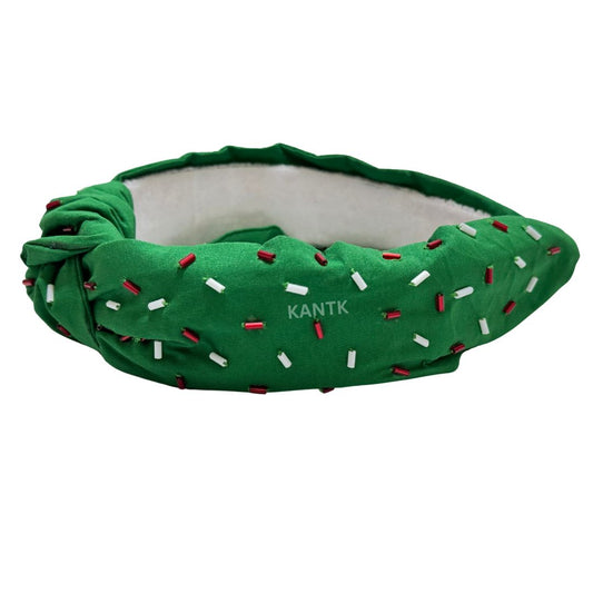 Festive Green Beaded Headband with Red & White Accents