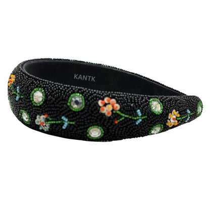 Handmade Black Floral Beaded Headband Embroidered Hair Accessory with Crystal Accents for Women & Girls