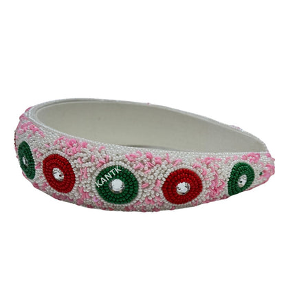 Handmade Festive Beaded Headband Pink, Red, Green & Crystal Accents