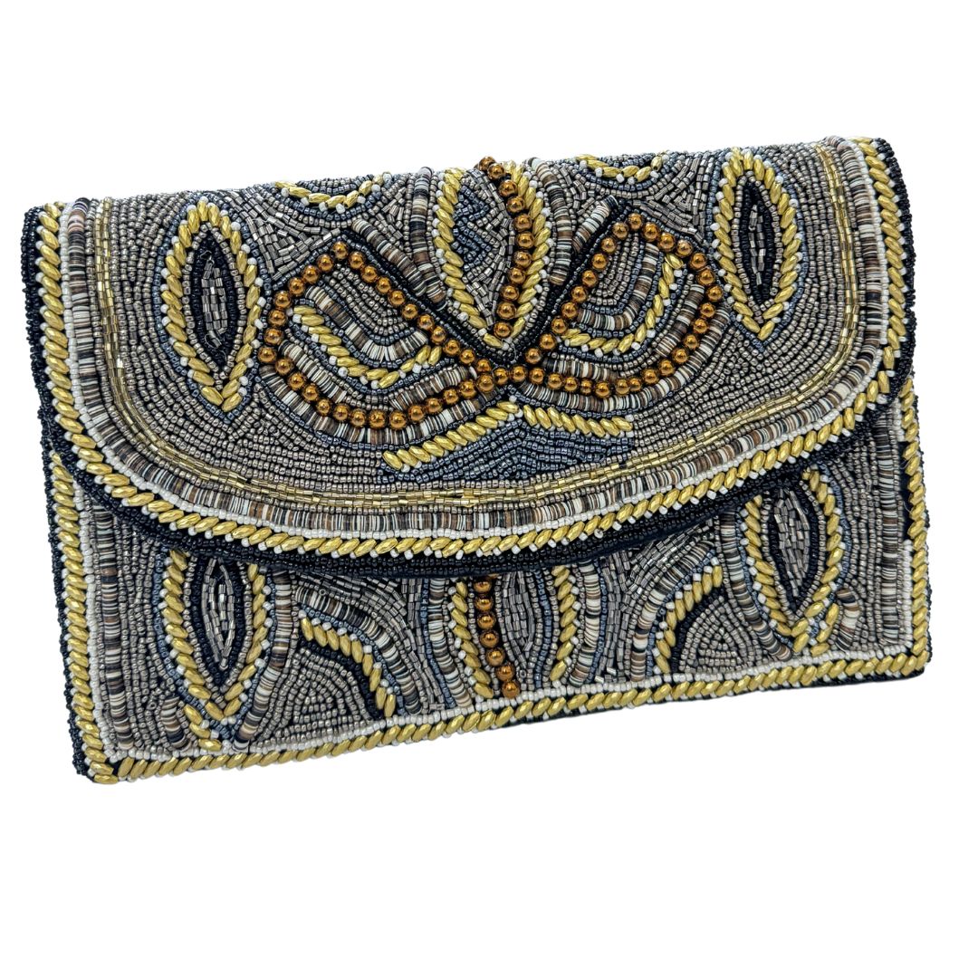 Gray, Gold, and Silver Beaded Clutch with Flap Closure