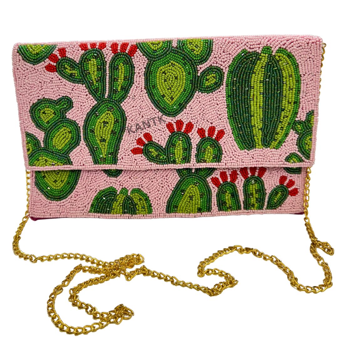 Handmade Pink Cactus Beaded Clutch with Gold Chain