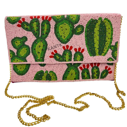 Handmade Pink Cactus Beaded Clutch with Gold Chain