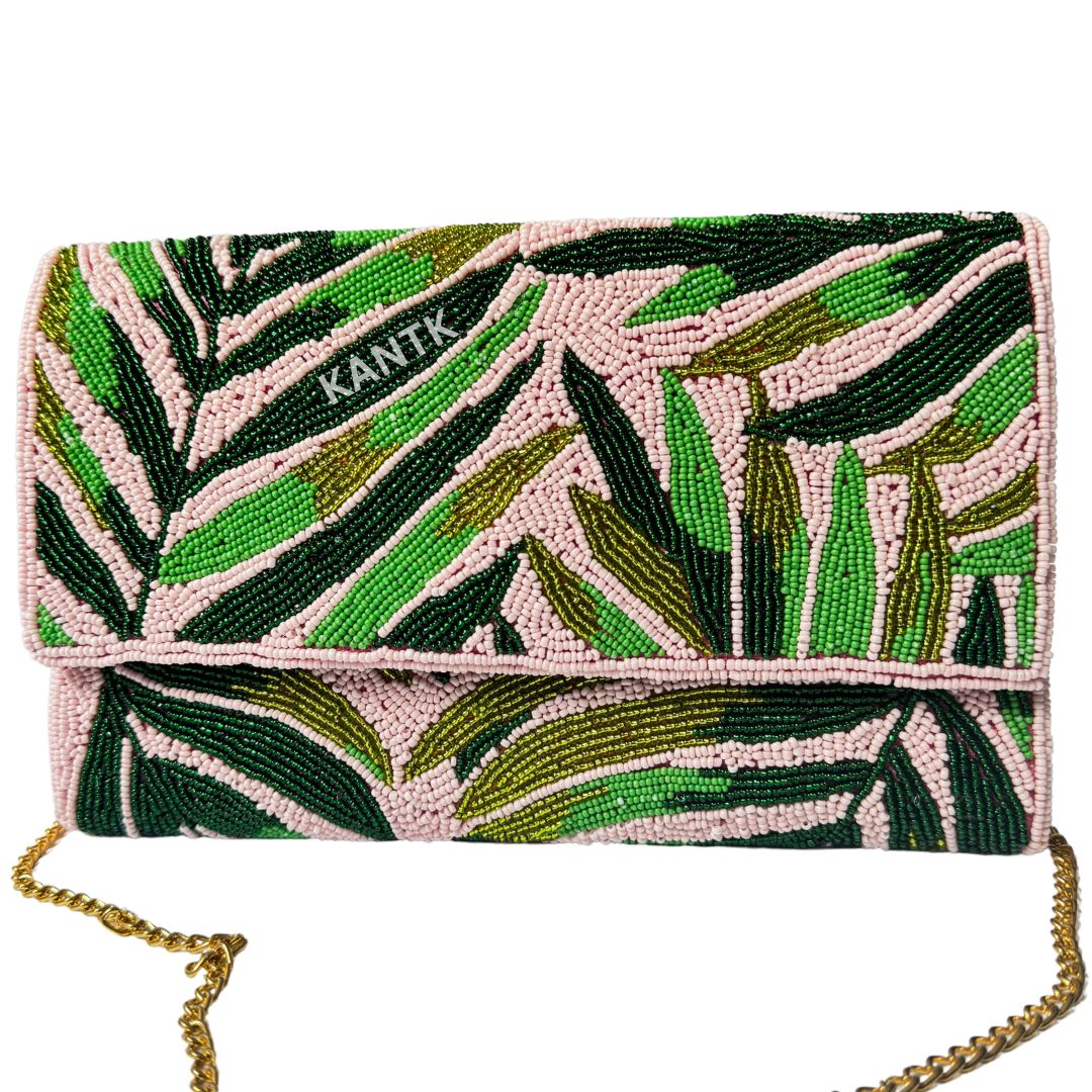 Handmade Palm Leaf Beaded Clutch Nature-Inspired Design