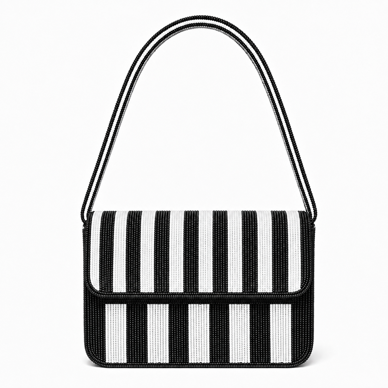 Handcrafted Black & White Striped Beaded Shoulder Bag