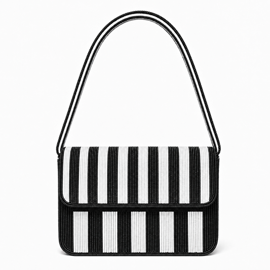 Handcrafted Black & White Striped Beaded Shoulder Bag