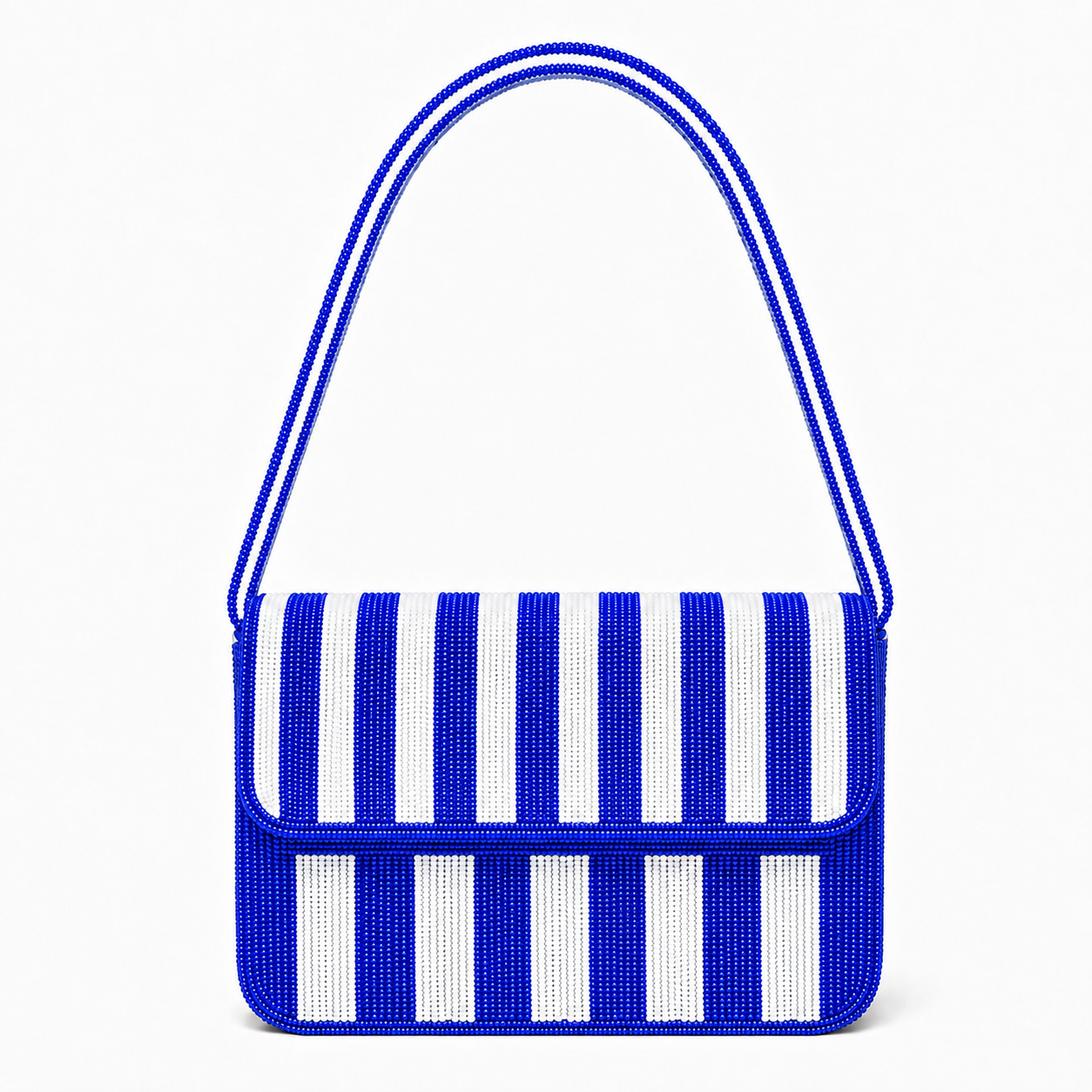 Handcrafted Blue & White Striped Beaded Shoulder Bag