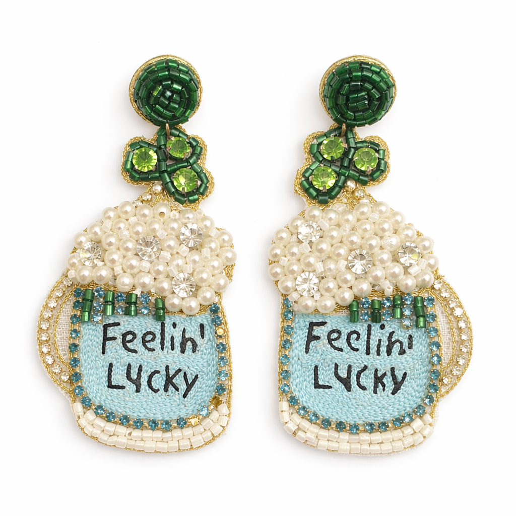 St. Patrick’s Day Beaded Drop Earrings Shamrock Clover & Beer Mug Dangle Earrings