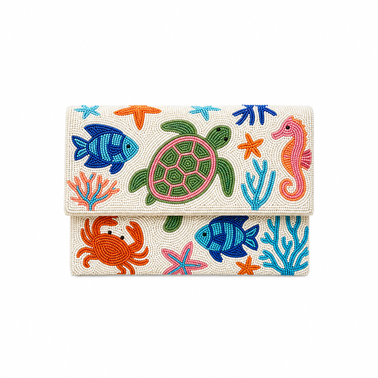 Hand-Beaded Clutch Bag with Ocean-Inspired Marine Life Design