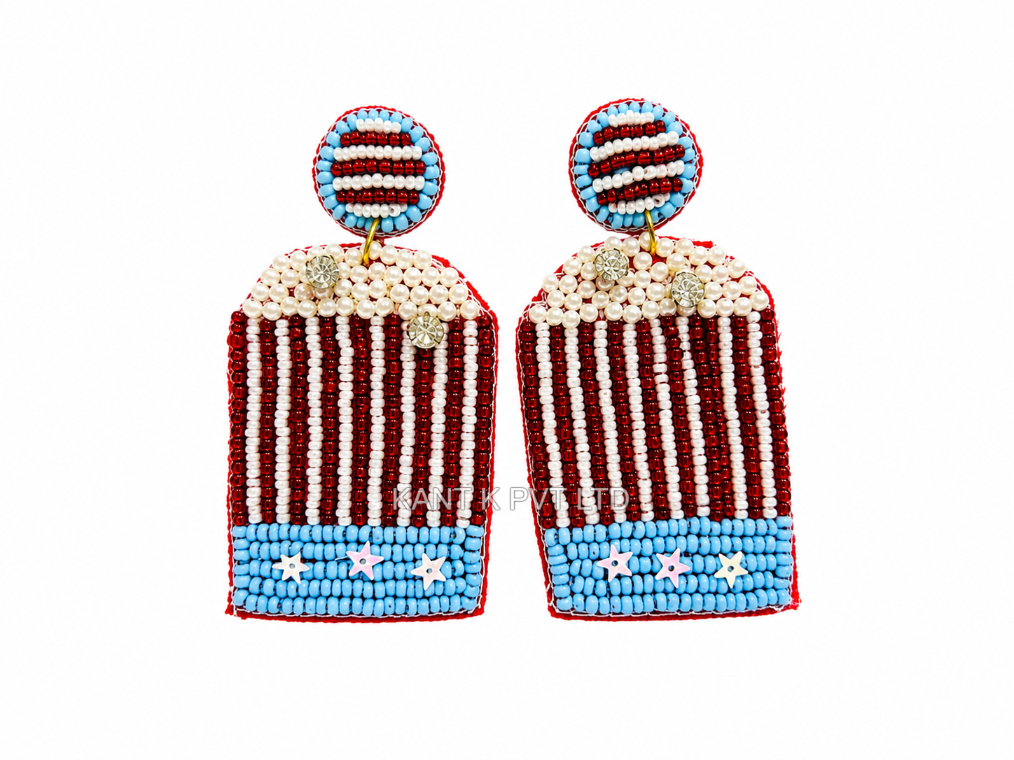 Red, White & Blue Embroidered Beaded Earrings