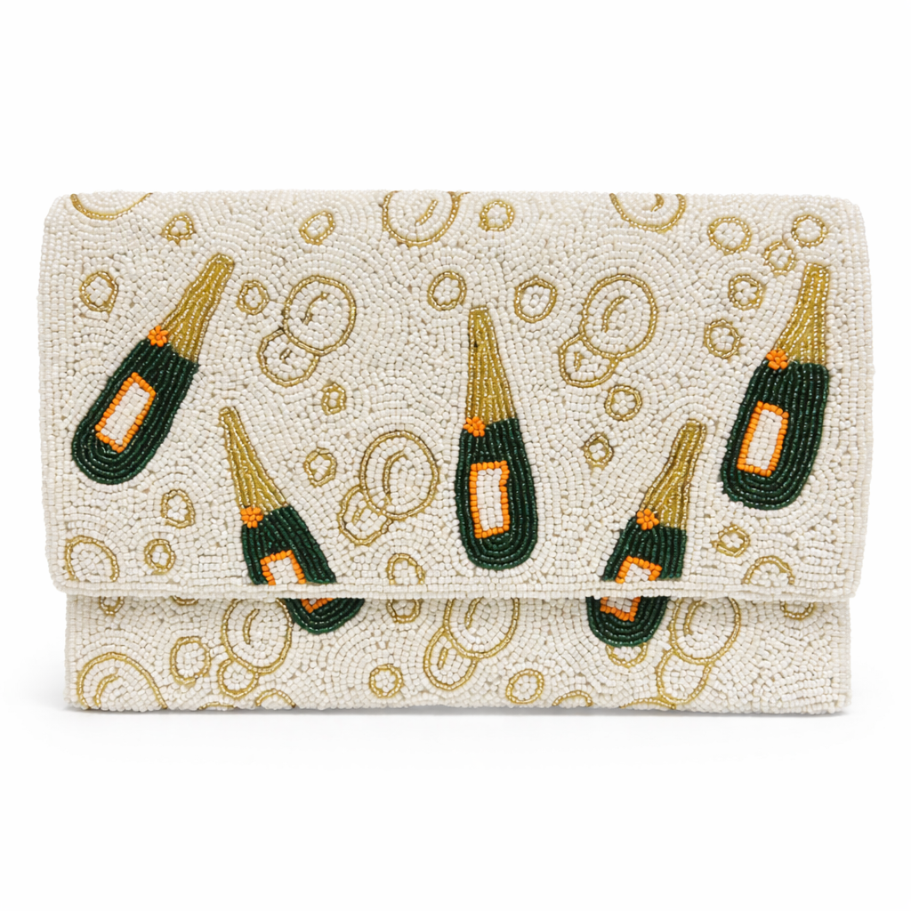 Beaded Champagne Bottle & Bubble Clutch with Chain Strap