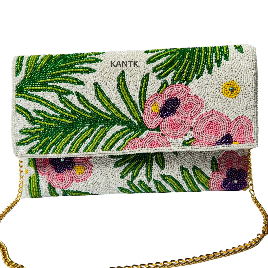 Hand-Beaded Hibiscus Floral Clutch with Chain Strap