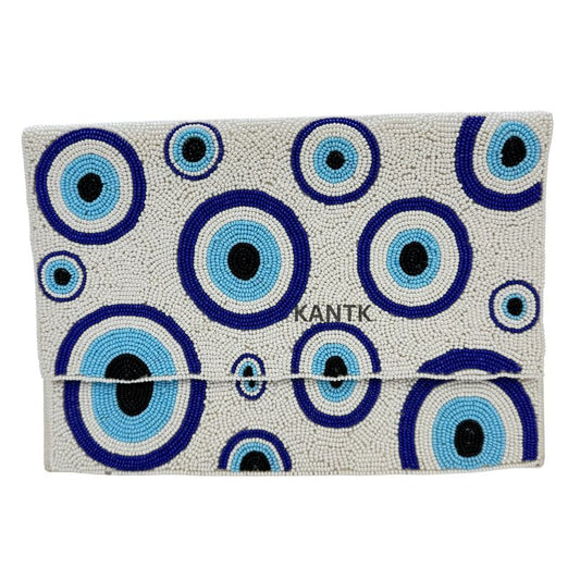 White Beaded Clutch with Blue Evil Eyes