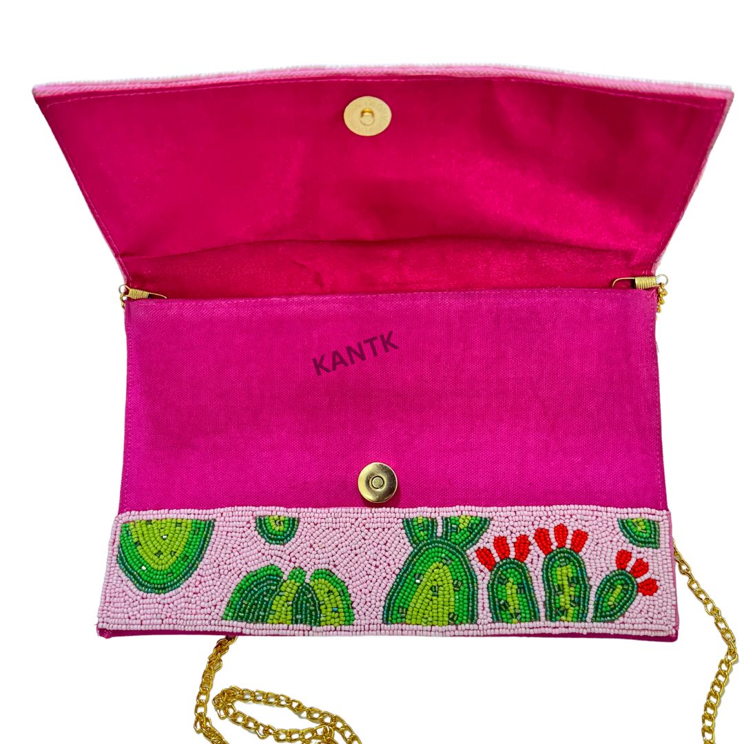 Handmade Pink Cactus Beaded Clutch with Gold Chain