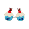 Handmade Beaded Cupcake Earrings with Cherry Cute Blue & White Dessert Earrings